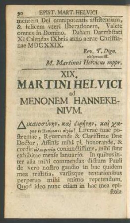 XIX. Martini Helvici ad Menonem Hannekenium