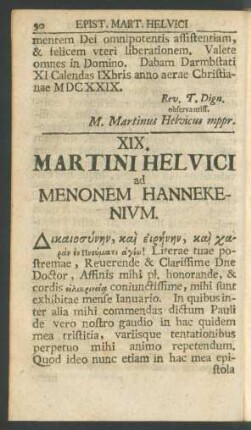 XIX. Martini Helvici ad Menonem Hannekenium