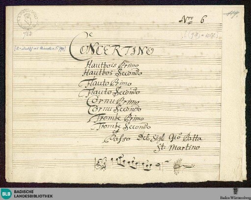 Concertino. Excerpts - Mus. Hs. 782 : woodwinds, brasses; C; GroF 877 JenS 80