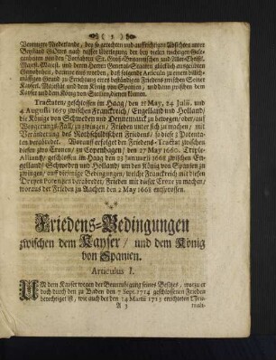 Friedens-Bedingungen zwischen dem Kayser / und dem König von Spanien.