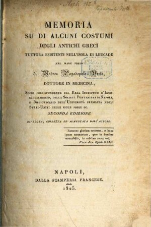 Memoria su di alcuni costumi degli antichi Greci tuttoro esistenti nell'isola di Leucade nel mare Jonio