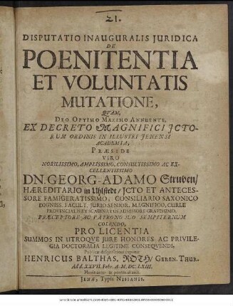 Disputatio Inauguralis Iuridica De Poenitentia Et Voluntatis Mutatione