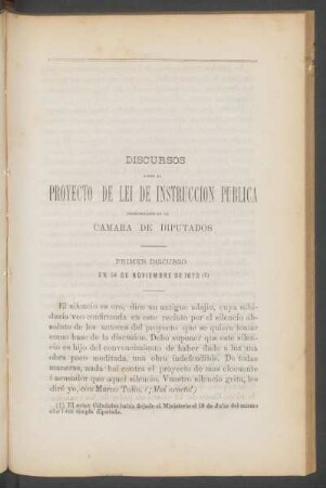 Discursos sobre el Proyecto de Lei de Instrucción Pública, pronunciados en la Cámara de Diputados