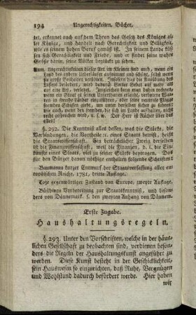 Erste Zugabe. Haushaltungsregeln. - Zweyte Zugabe. Erziehungsvorschriften.