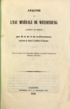 Analyse de l'eau minérale de Weissenburg (Canton de Berne)