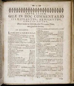 Index Legum, Quæ In Hoc Commentario Illustrantur, Explicantur, Conciliantur.