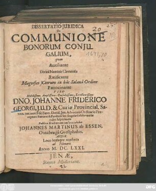 Dssertatio Iuridica De Communione Bonorum Coniugalium