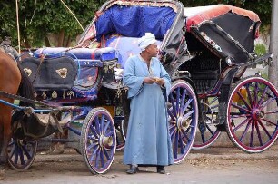 Luxor - Kutscher wartet vor seiner Droschke : Wartender Kutscher in Luxor, aufgenommen 2006