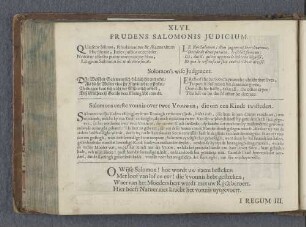 XLVI. Prudens Salomonis judicium. Solomon's wise Judgment. Salomons eerste vonnis over twee Vrouwen, die om een Kindt twisteden.