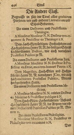Die Andere Claß. Begreifft in sich die Titul aller graduirten Personen/ wie auch anderer Literatorum und Schul-Bedienten