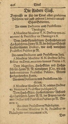 Die Andere Claß. Begreifft in sich die Titul aller graduirten Personen/ wie auch anderer Literatorum und Schul-Bedienten