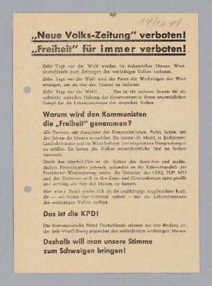 "'Neue Volks-Zeitung' verboten! 'Freiheit' für immer verboten!"
