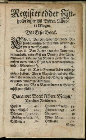Register edder Inholdt disser söß Böker/ Alberti Magni.