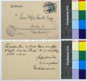 Eigenhändige Postkarte über die Zusendung einer Zeichnung von Max Liebermann an Hans W. Singer in Dresden; Berlin, 31. März 1905