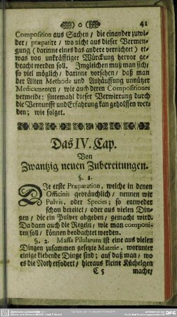 Das IV. Cap. Von Zwantzig neuen Zubereitungen