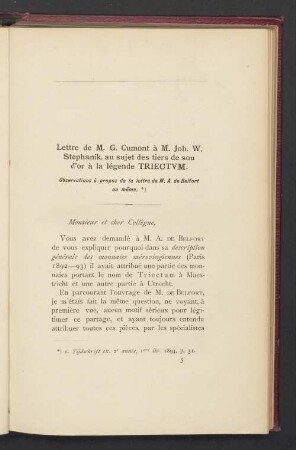 Lettre de M. G. Cumont à M. Joh. W. Stephanik, au sujet des tiers de sou d'or à la légende Triectvm