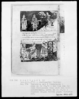 Der Stuttgarter Bibelpsalter — Buchseite mit zwei Miniaturen, Folio 33verso