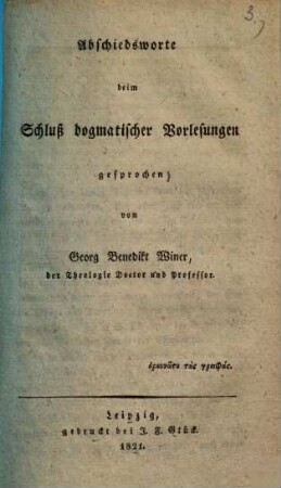 Abschiedsworte beim Schluss dogmatischer Vorlesungen gesprochen