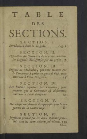 Table des Sections.