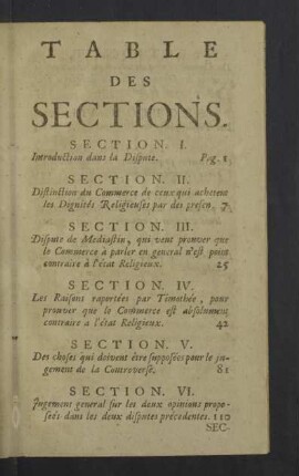Table des Sections.