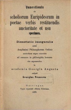 Quaestionis de scholiorum Euripideorum in poetae verbis restituendis auctoritate et usu specimen