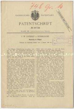 Patentschrift einer Neuerung an Pflügen, Patent-Nr. 39739
