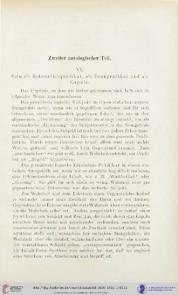 VI. Sein als Erkenntnisprädikat, als Denkprädikat und als Copula