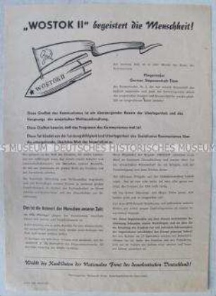 Propagandaflugblatt der Nationalen Front zum Weltraumflug von "Wostok II"
