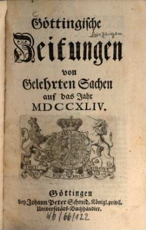 Göttingische Zeitungen von gelehrten Sachen : auf das Jahr .... 1744, 1744