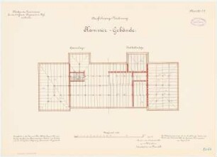 Kaserne des 4. Garderegiments zu Fuß, Berlin-Moabit: Kammergebäude: Grundriss Sperrenlage und Dachbalkenlage 1:100
