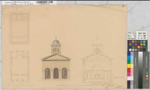[Entwurf einer Kirche. Ansicht, Grundriß, Schnitte] z.T. kolorierte Probezeichnung von J.H. Compes