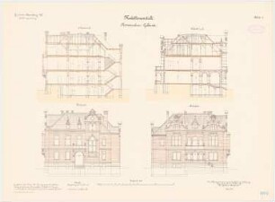 Kadettenanstalt der Garnison, Naumburg/Saale: Kommandeursgebäude: Aufriss Ostansicht, Westansicht, Längsschnitt, Querschnitt 1:100