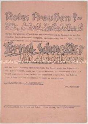 Hektografierte Einladung der KPD Bohnsdorf zu einer Wahlversammlung mit Ernst Schneller