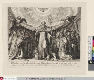 [Der Kirchenvater Augustinus, unter seinem Mantel etliche Bischöfe und Päpste, unter seinen Füßen die Häretiker Manichaeus, Fortunatus und Pelagius]