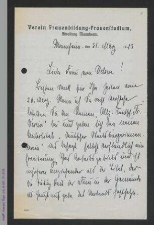 Brief von Julie Bassermann an Dorothee von Velsen