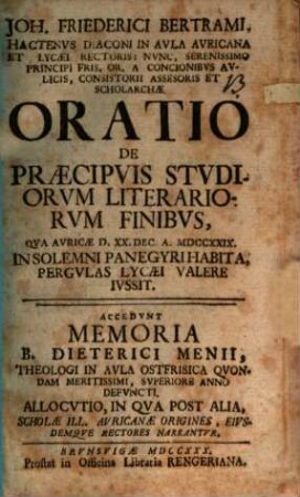 Oratio de praecipuis studiorum literariorum finibus