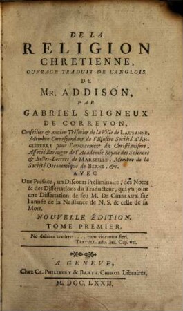 De La Religion Chretienne, 1