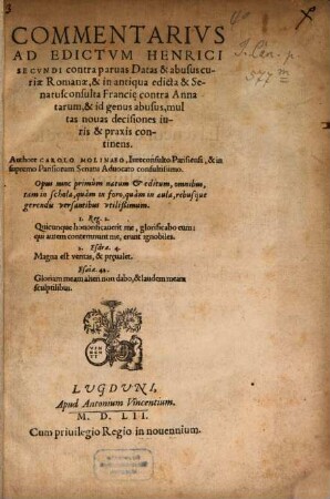 Commentarius ad edictum Henrici II. contra parvas datas et abusus Rom.