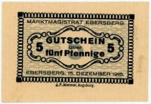 Geldschein / Notgeld, 5 Pfennig, Neudruck der Gutscheine mit Datum 15.12.1916