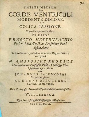 Theses Medicae De Cordis Ventriculi Mordente Dolore: Et Colica Passione