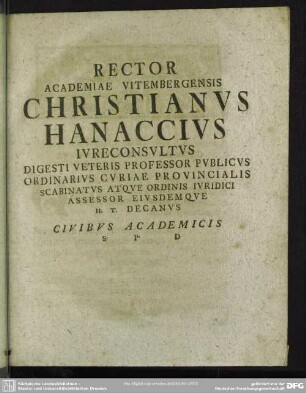 Rector Academiae Vitembergensis ... Civibus Academicis S. P. D