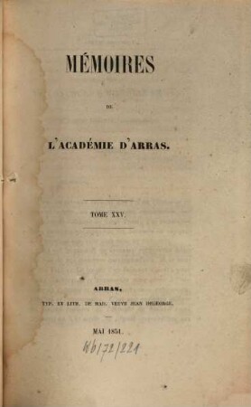 Mémoires de l'Académie d'Arras. 25. 1851