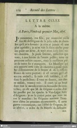 Lettre CCLXX. A la même. A Paris, Vendredi premier Mai, 1676