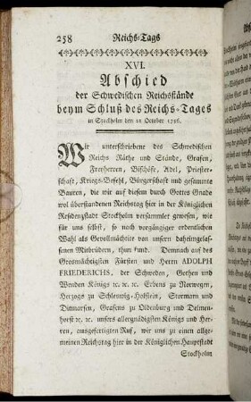 XVI. Abschied der Schwedischen Reichsstände beym Schluß des Reichs-Tages in Stockholm den 21 October 1756.