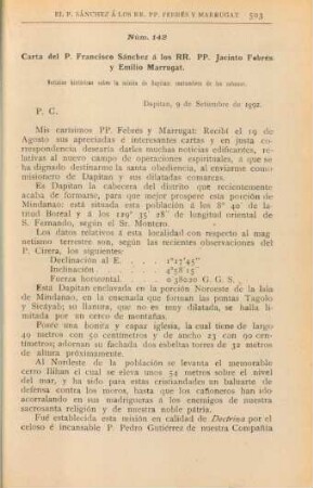 Núm. 142. Carta del P. Francisco Sánchez á los RP. PP. Jacinto Febrés y Emilio Marrugat