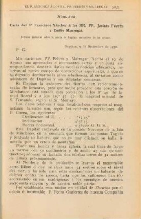 Núm. 142. Carta del P. Francisco Sánchez á los RP. PP. Jacinto Febrés y Emilio Marrugat