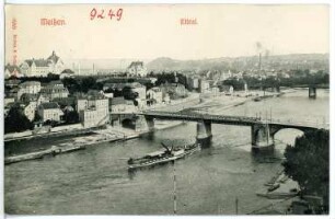 Meißen. Elbtal mit Brücken und Dampfer, Meißen - Rechts