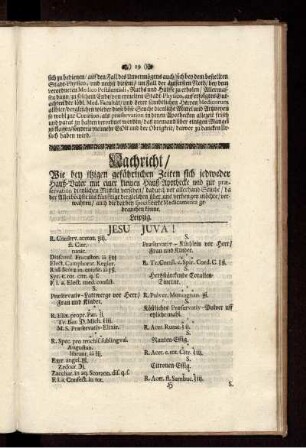 Nachricht/ Wie bey itzigen gefährlichen Zeiten sich jedweder Hauß-Vater mit einer kleinen Hauß-Apothecke und zur praeservation dienlichen Mitteln versehen ...