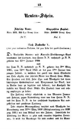 Renten-Schein. Nach Tabelle V. (Für zwei verbundene Personen, bis zum Tode der zuerst Sterbenden)