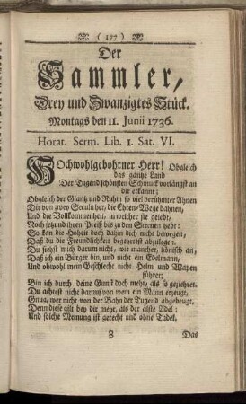 Drey und Zwanzigstes Stück. Montags den 11. Junii 1736.
